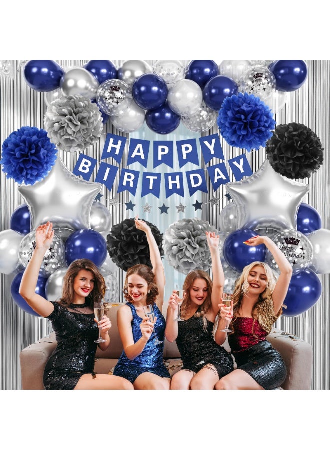 Mordely Blue & Silver Party Decorations - Boys' Birthday Banner, Balloons, Pom Poms, Fringe Curtain - Image 5